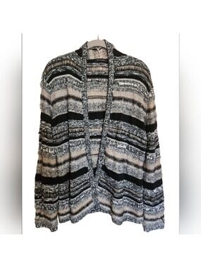 FYLO OPEN FRONT TEXTURED GRAY BLACK TAN CARDIGAN SWEATER SIZE MEDIUM EUC